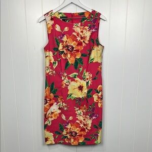 Alyx Womens Sheath Dress 14 Pink Green Tropical Sleeveless Back Zip Vibrant EUC